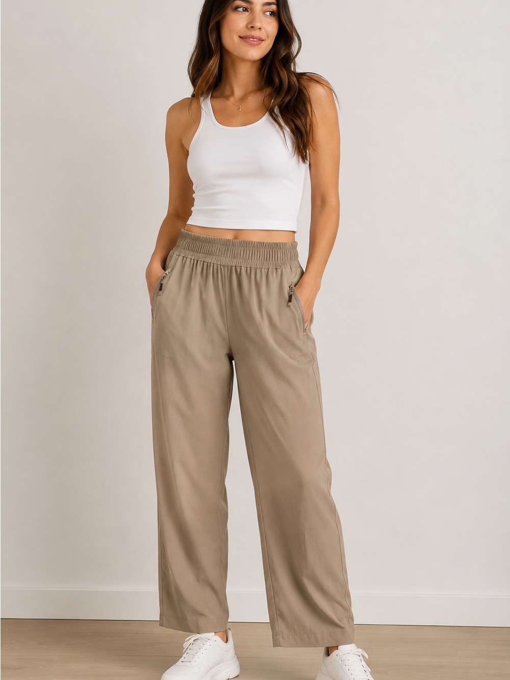 Mondetta Women’s Small Tan Stretch Pull-On Travel Pants Zip Pockets Size Small